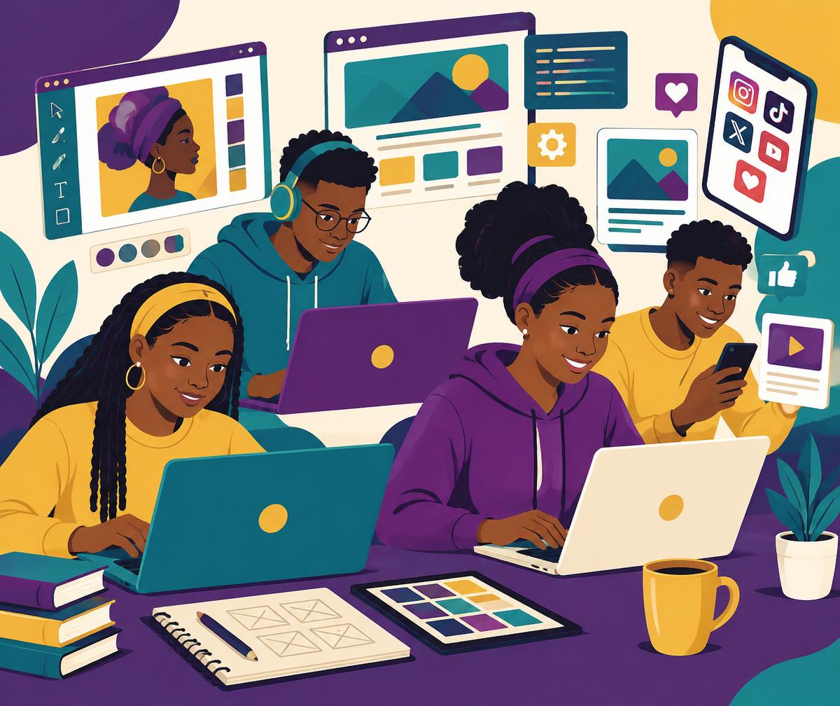Students learning graphic design, web design and social media on laptops
